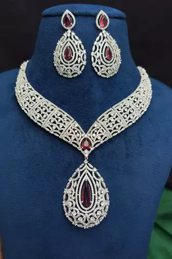 Ruby Red Teardrop CZ Bridal Jewelry Set, Statement Necklace Earrings