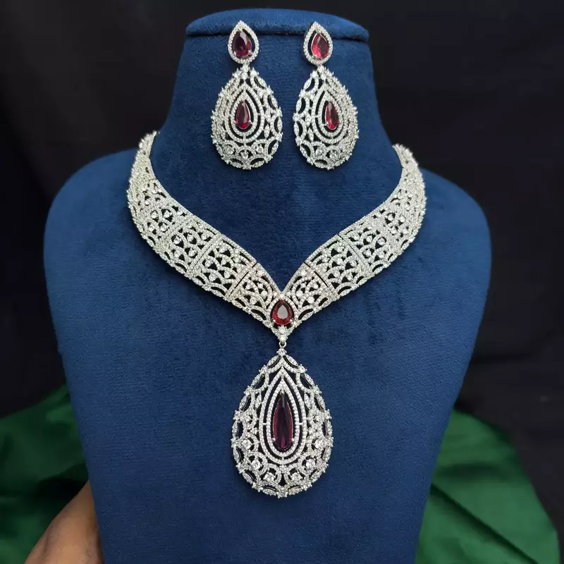 Ruby Red Teardrop CZ Bridal Jewelry Set, Statement Necklace Earrings