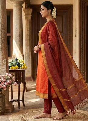 Orange woven jaquard straight kurti dupatta with pant 2