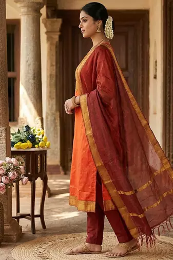 Orange woven jaquard straight kurti dupatta with pant