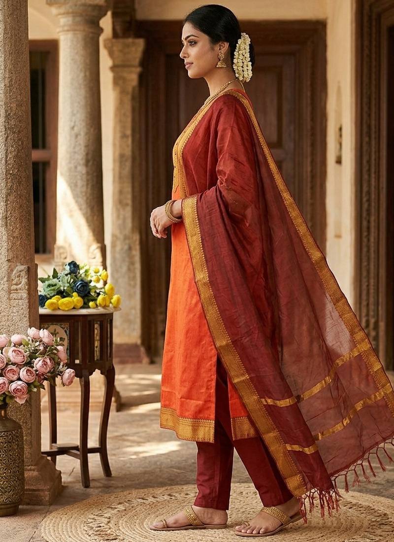 Orange woven jaquard straight kurti dupatta with pant