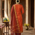 Orange woven jaquard straight kurti dupatta with pant