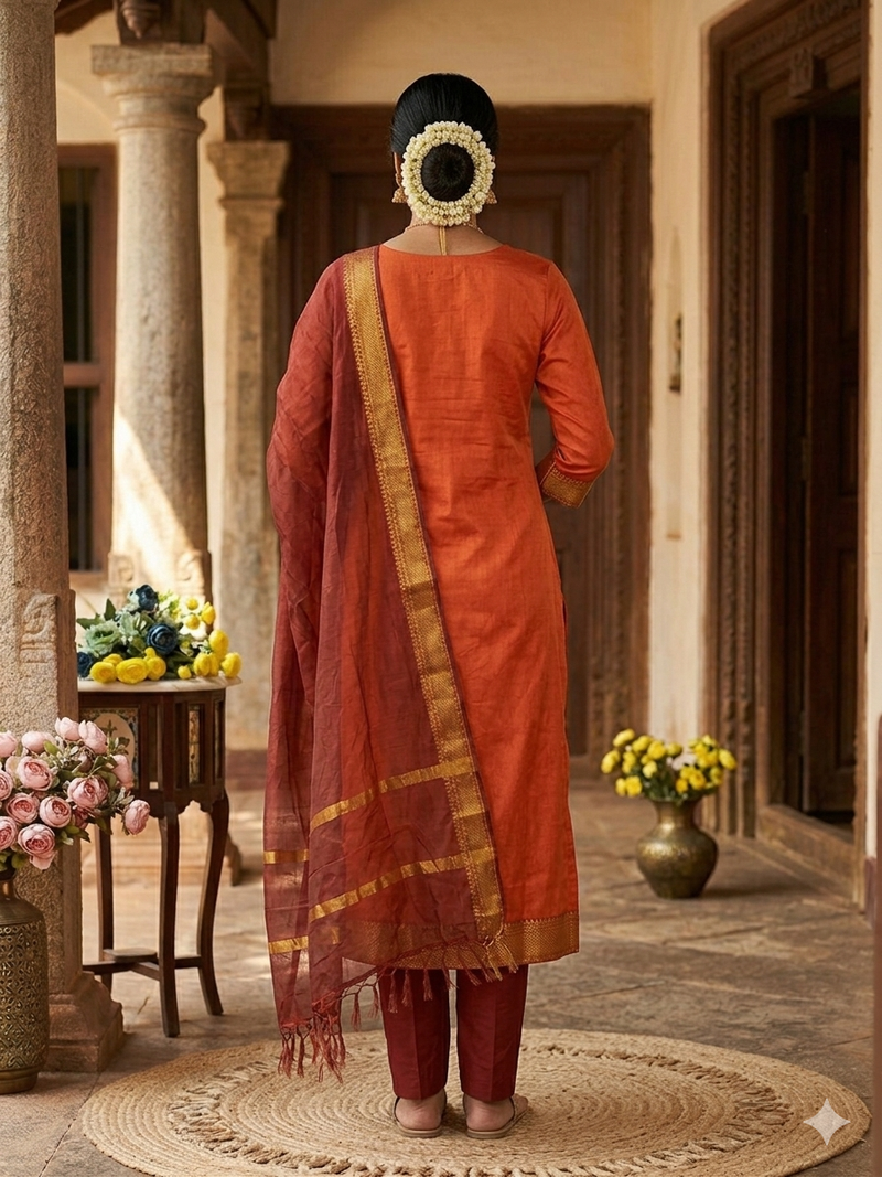 Orange woven jaquard straight kurti dupatta with pant