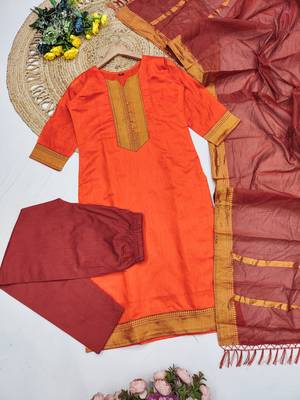 Orange woven jaquard straight kurti dupatta with pant 4