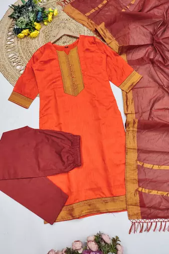 Orange woven jaquard straight kurti dupatta with pant