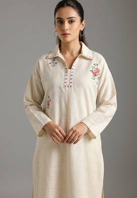 Off-white floral embroidered kurti co-ord set 2