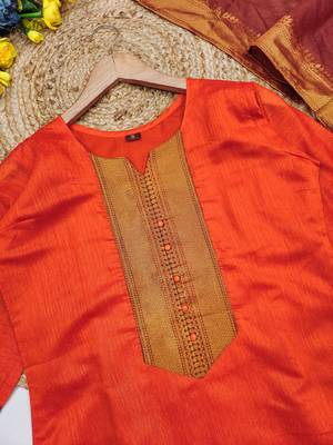 Orange woven jaquard straight kurti dupatta with pant 5