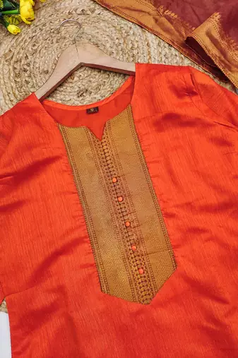 Orange woven jaquard straight kurti dupatta with pant