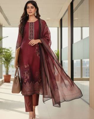 Women Ethnic Motifs Printed Regular Thread Work Chanderi Silk Kurta with Trousers & With Dupatta 1