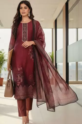 Women Ethnic Motifs Printed Regular Thread Work Chanderi Silk Kurta with Trousers & With Dupatta