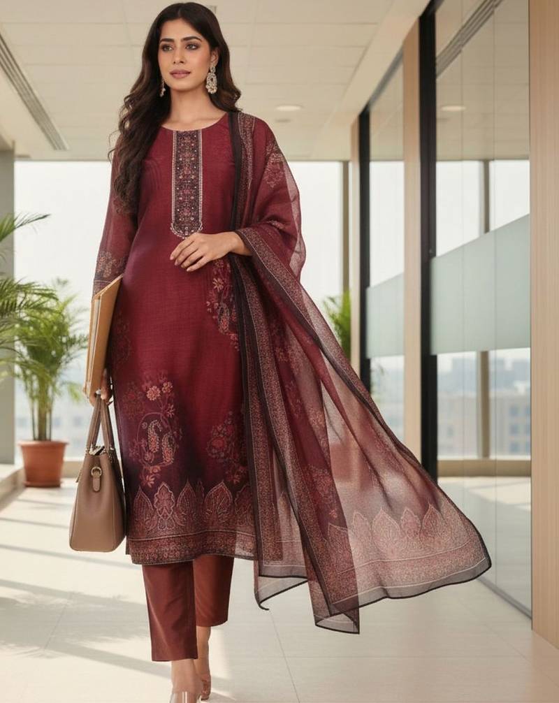 Women Ethnic Motifs Printed Regular Thread Work Chanderi Silk Kurta with Trousers & With Dupatta