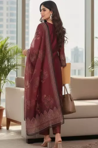 Women Ethnic Motifs Printed Regular Thread Work Chanderi Silk Kurta with Trousers & With Dupatta