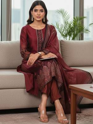 Women Ethnic Motifs Printed Regular Thread Work Chanderi Silk Kurta with Trousers & With Dupatta 3