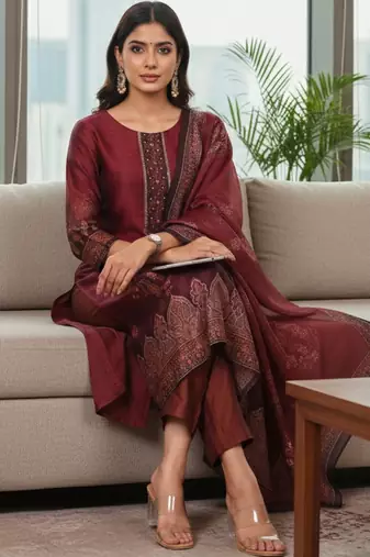 Women Ethnic Motifs Printed Regular Thread Work Chanderi Silk Kurta with Trousers & With Dupatta