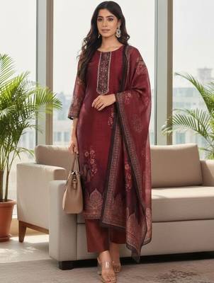 Women Ethnic Motifs Printed Regular Thread Work Chanderi Silk Kurta with Trousers & With Dupatta 6