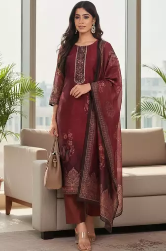 Women Ethnic Motifs Printed Regular Thread Work Chanderi Silk Kurta with Trousers & With Dupatta