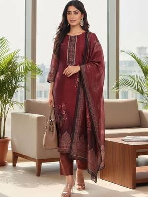 Women Ethnic Motifs Printed Regular Thread Work Chanderi Silk Kurta with Trousers & With Dupatta 7
