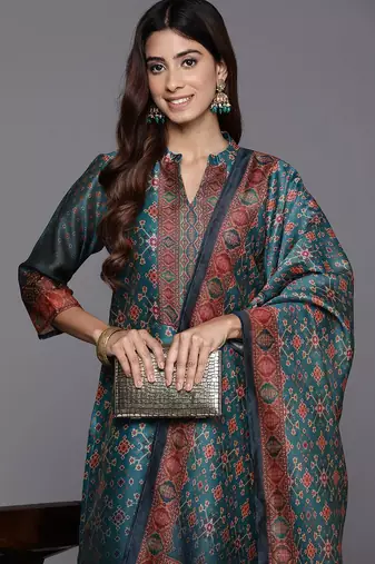 Floral Printed Mandarin Collar Chanderi Silk Straight Kurta with Trouser & Dupatta