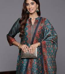 Floral Printed Mandarin Collar Chanderi Silk Straight Kurta with Trouser & Dupatta
