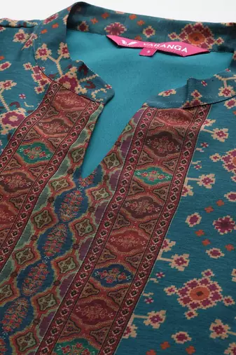 Floral Printed Mandarin Collar Chanderi Silk Straight Kurta with Trouser & Dupatta