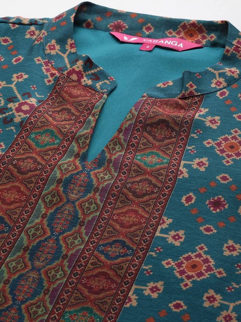 Floral Printed Mandarin Collar Chanderi Silk Straight Kurta with Trouser & Dupatta