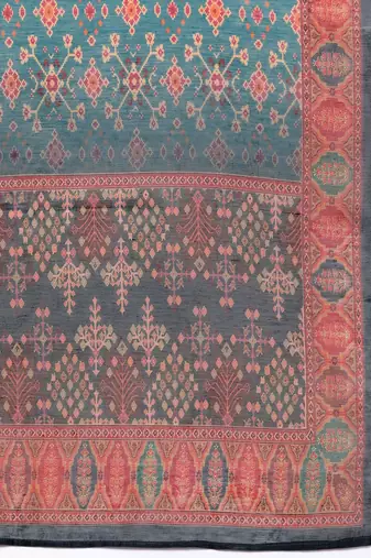 Floral Printed Mandarin Collar Chanderi Silk Straight Kurta with Trouser & Dupatta