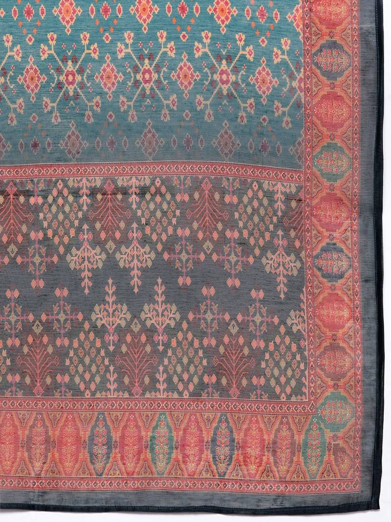 Floral Printed Mandarin Collar Chanderi Silk Straight Kurta with Trouser & Dupatta