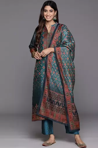 Floral Printed Mandarin Collar Chanderi Silk Straight Kurta with Trouser & Dupatta