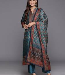 Floral Printed Mandarin Collar Chanderi Silk Straight Kurta with Trouser & Dupatta