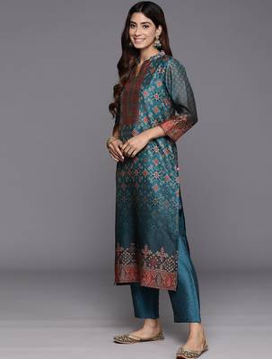 Floral Printed Mandarin Collar Chanderi Silk Straight Kurta with Trouser & Dupatta 6