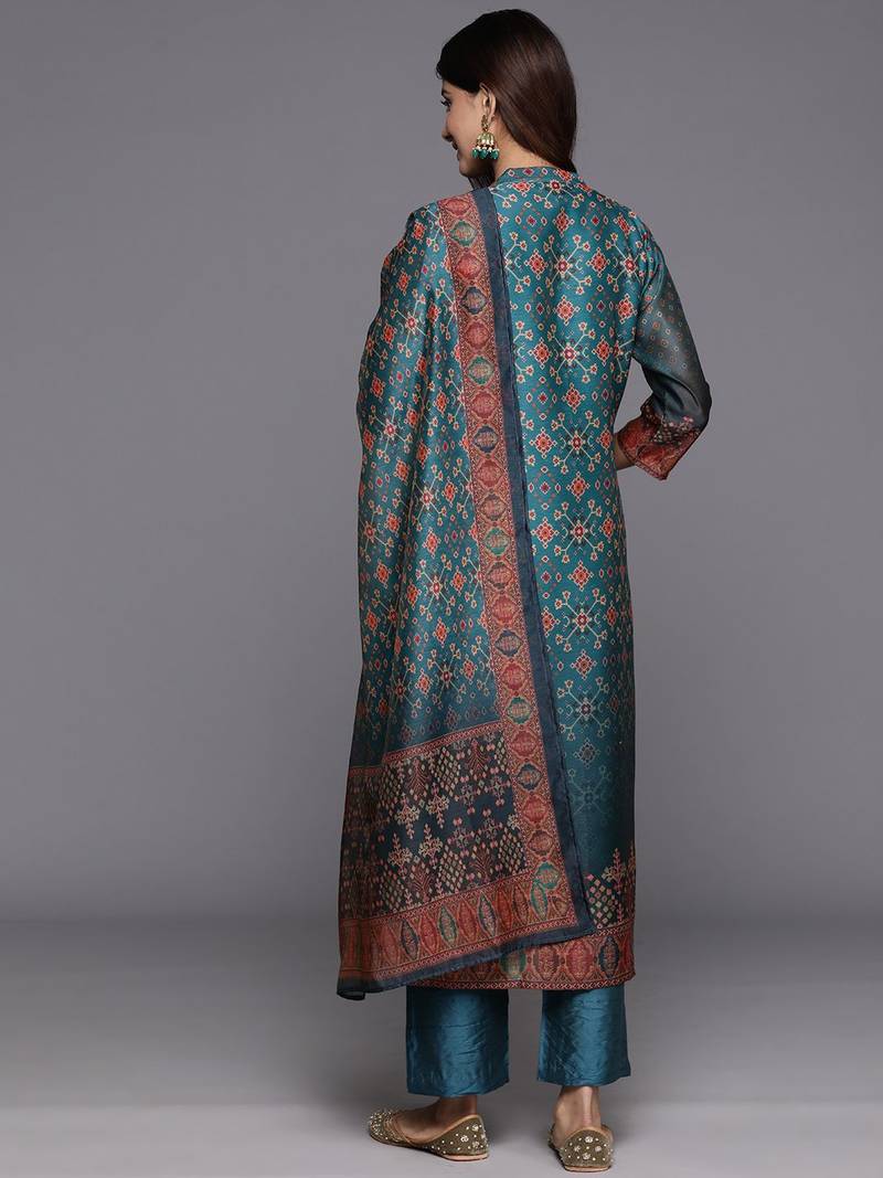 Floral Printed Mandarin Collar Chanderi Silk Straight Kurta with Trouser & Dupatta