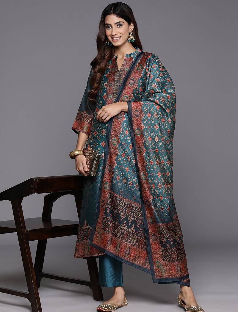 Floral Printed Mandarin Collar Chanderi Silk Straight Kurta with Trouser & Dupatta