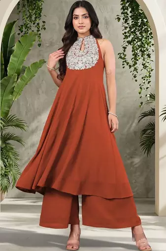 Women Ethnic Motifs Embroidered Regular Thread Work Silk Georgette Kurta with Trousers