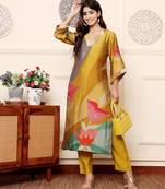 Quirky Printed V-Neck Chanderi Silk Straight Kurta With Trousers