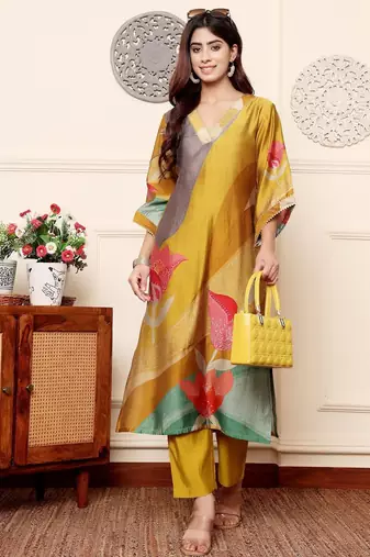 Quirky Printed V-Neck Chanderi Silk Straight Kurta With Trousers