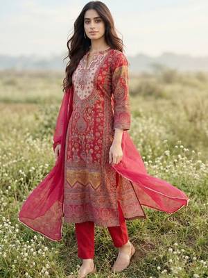 Women Ethnic Motifs Printed Regular Gotta Patti Chanderi Silk Kurta with Trousers & With Dupatta 1