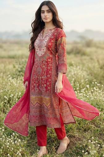 Women Ethnic Motifs Printed Regular Gotta Patti Chanderi Silk Kurta with Trousers & With Dupatta