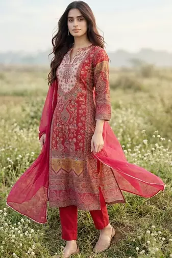 Women Ethnic Motifs Printed Regular Gotta Patti Chanderi Silk Kurta with Trousers & With Dupatta
