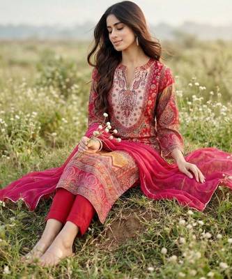 Women Ethnic Motifs Printed Regular Gotta Patti Chanderi Silk Kurta with Trousers & With Dupatta 2