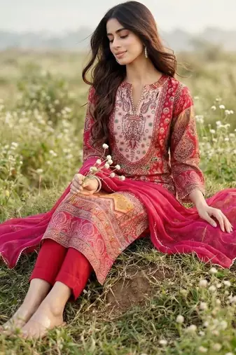 Women Ethnic Motifs Printed Regular Gotta Patti Chanderi Silk Kurta with Trousers & With Dupatta