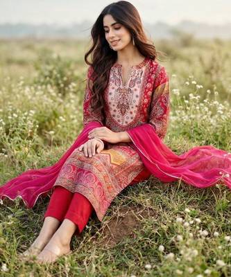 Women Ethnic Motifs Printed Regular Gotta Patti Chanderi Silk Kurta with Trousers & With Dupatta 3