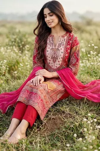 Women Ethnic Motifs Printed Regular Gotta Patti Chanderi Silk Kurta with Trousers & With Dupatta