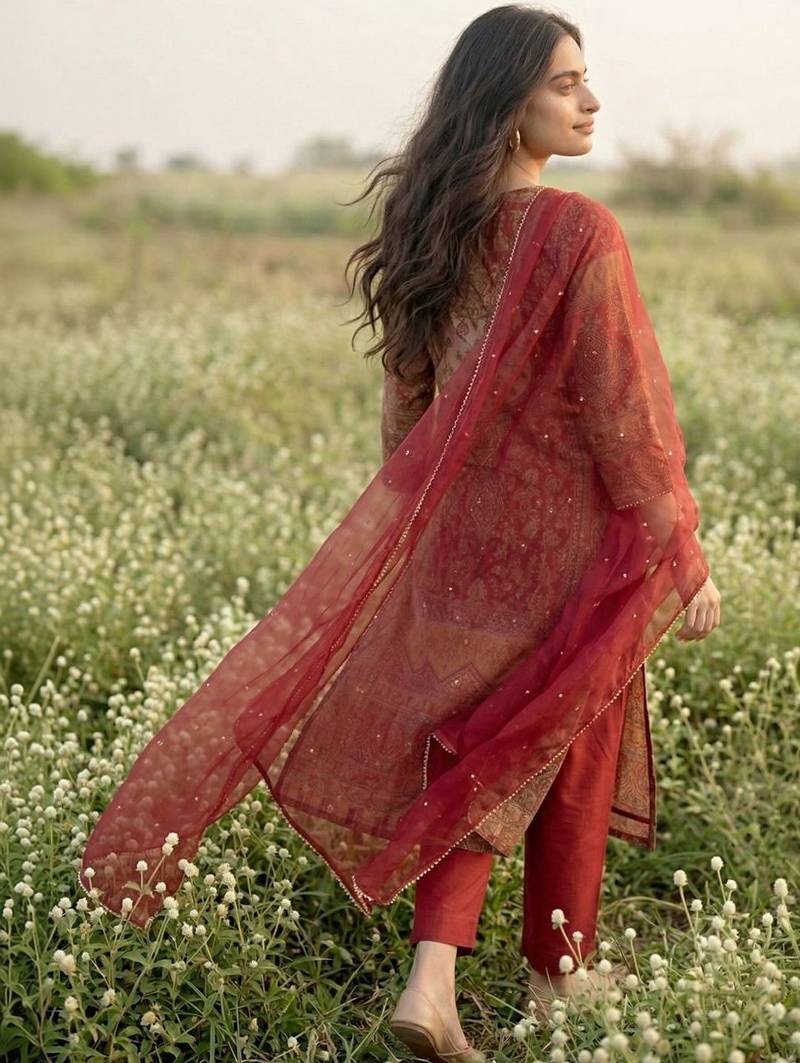 Women Ethnic Motifs Printed Regular Gotta Patti Chanderi Silk Kurta with Trousers & With Dupatta