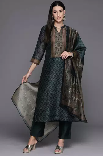 Ethnic Printed Chanderi Silk Kurta with Trouser and Dupatta