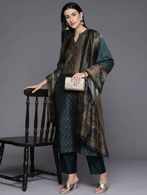 Ethnic Printed Chanderi Silk Kurta with Trouser and Dupatta 1