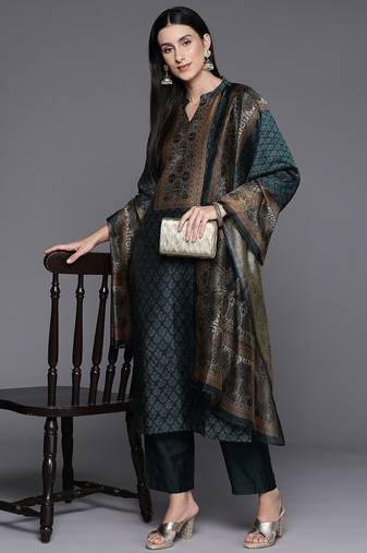 Ethnic Printed Chanderi Silk Kurta with Trouser and Dupatta