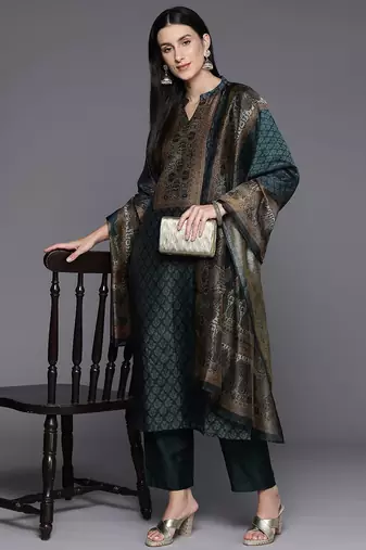 Ethnic Printed Chanderi Silk Kurta with Trouser and Dupatta