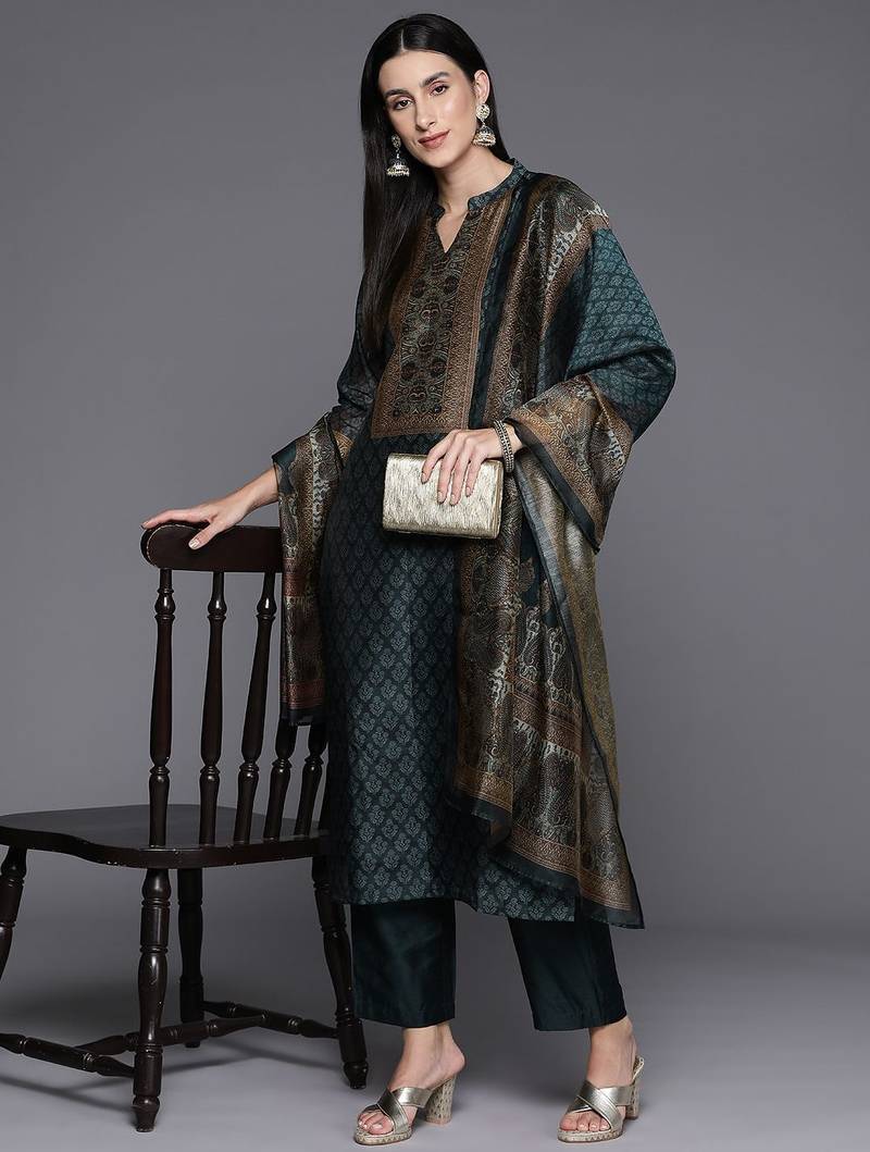 Ethnic Printed Chanderi Silk Kurta with Trouser and Dupatta