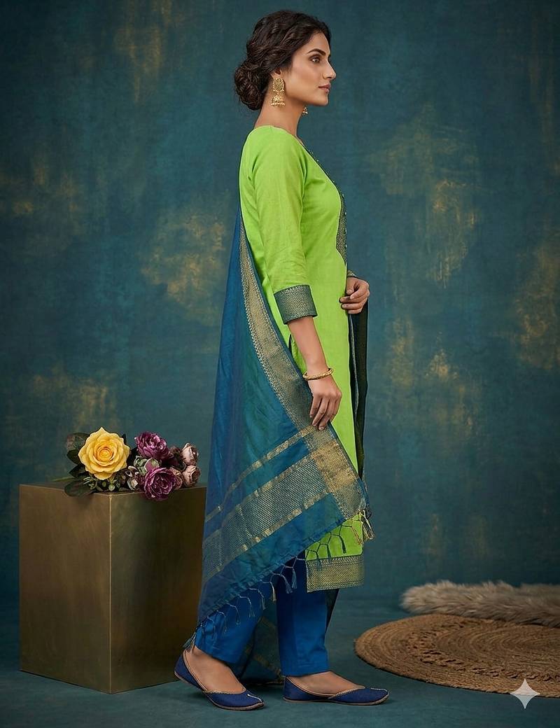 Pista woven jaquard straight kurti dupatta with pant