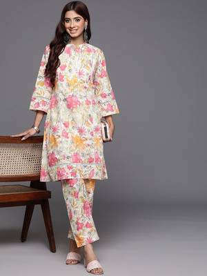Off White Floral Printed  Cotton Lace Detailed Kurta With Trouser 1